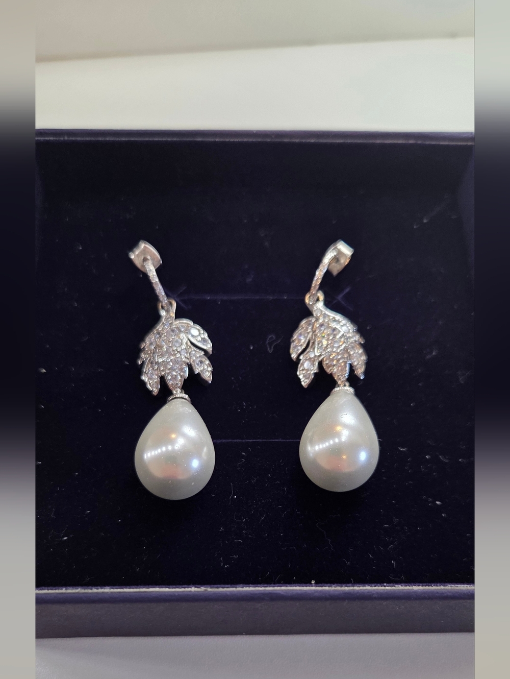 Elizabeth Taylor White Pearl Teardrop Dangle Earrings with Pavé Leaf Accents